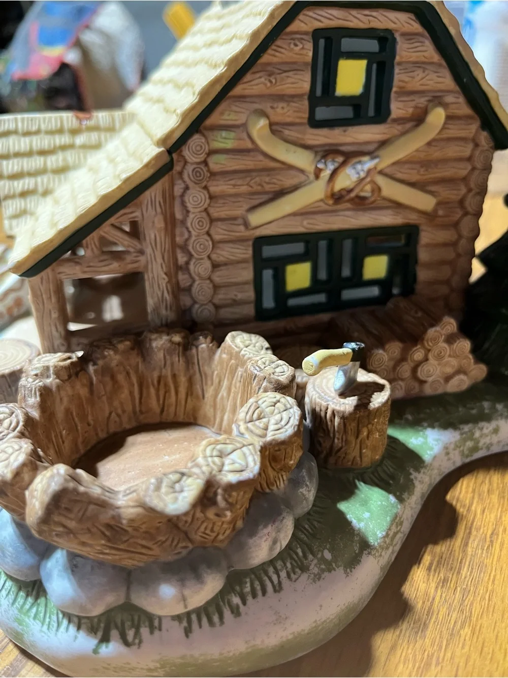 PartyLite Hand-Painted Ceramic Log Cabin Accent in Brown, Green, Yellow